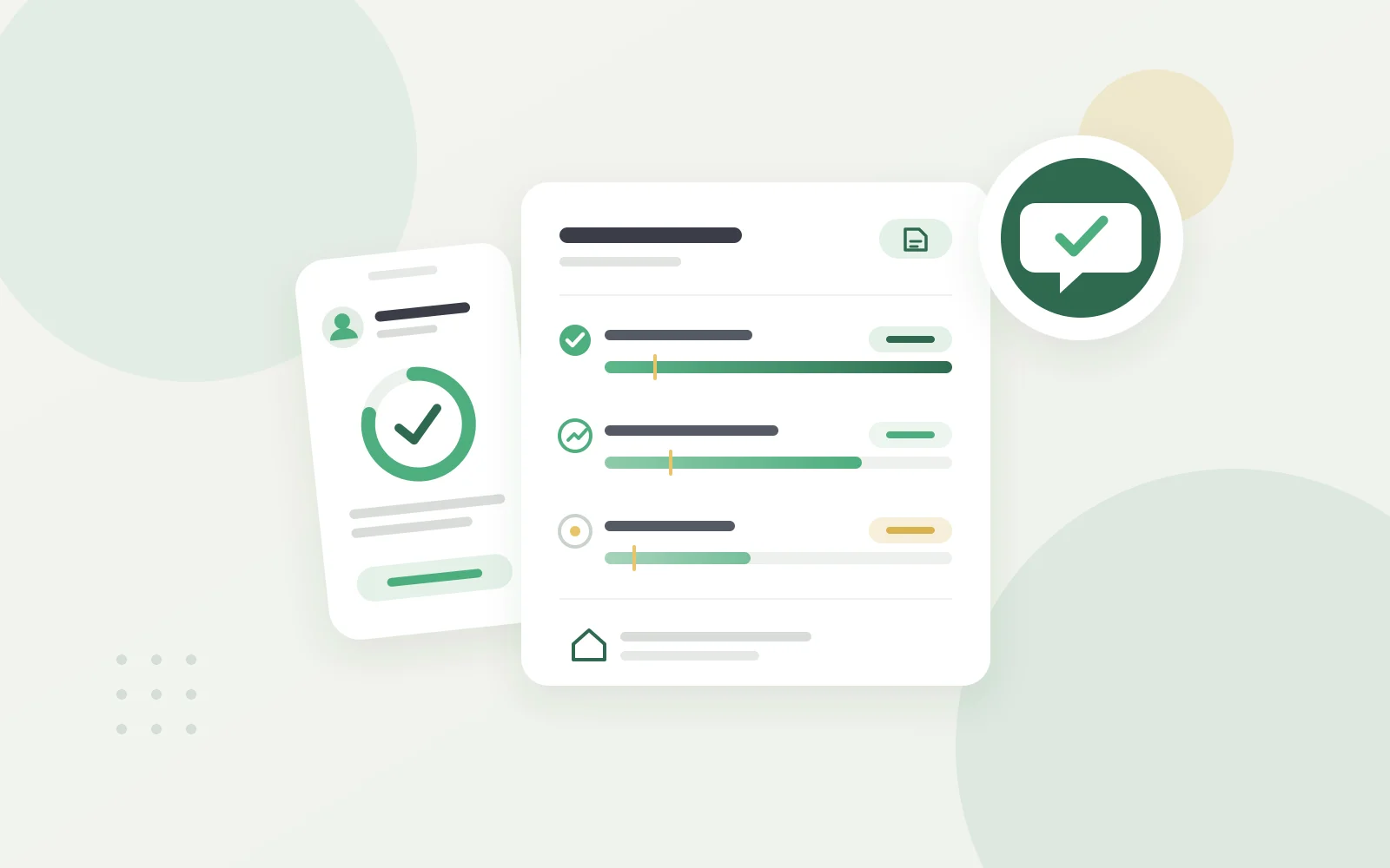 رسم توضيحي لتقرير تقدم يعرض ثلاثة أهداف بأشرطة تقدمها، بجانب شاشة هاتف تعرض حلقة تقدم مكتملة
