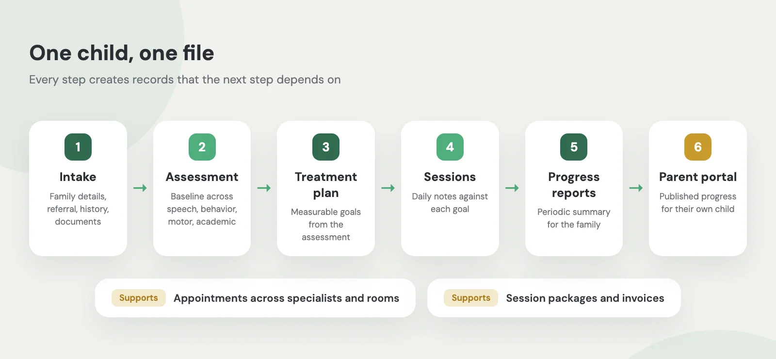 Flow of one child's file: intake, assessment, treatment plan, sessions, progress reports, and parent portal