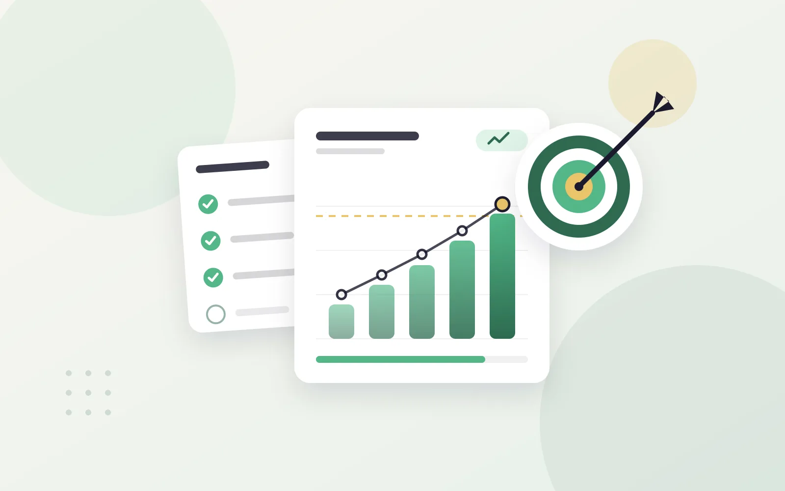 Illustration of a goal checklist and a bar chart rising to a target line, beside a bullseye with an arrow in the center
